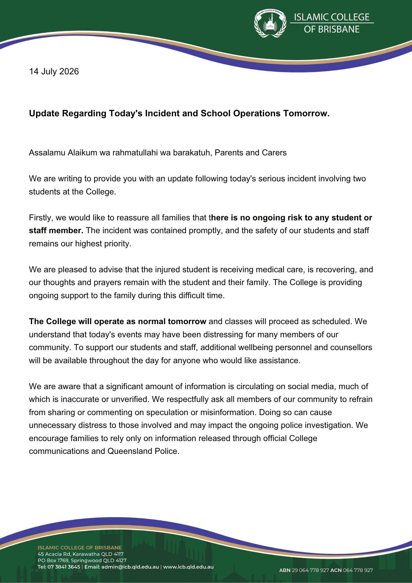 Important Update Regarding Today’s Incident And Tomorrow’s School Operations 